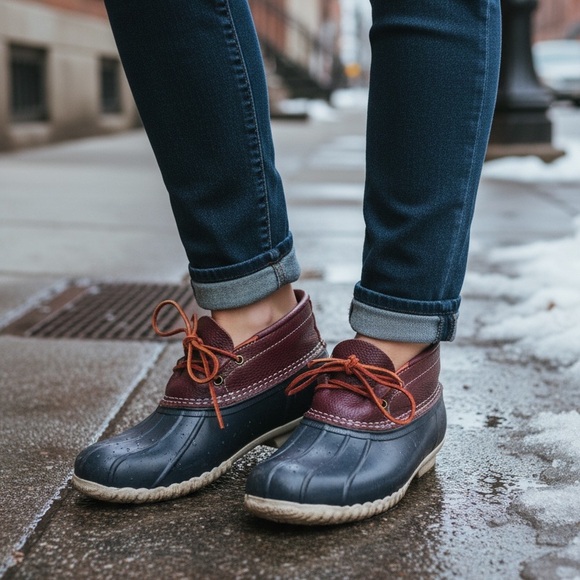 L.L. Bean Navy Duck Boots Leather Rubber Moc - Picture 1 of 16
